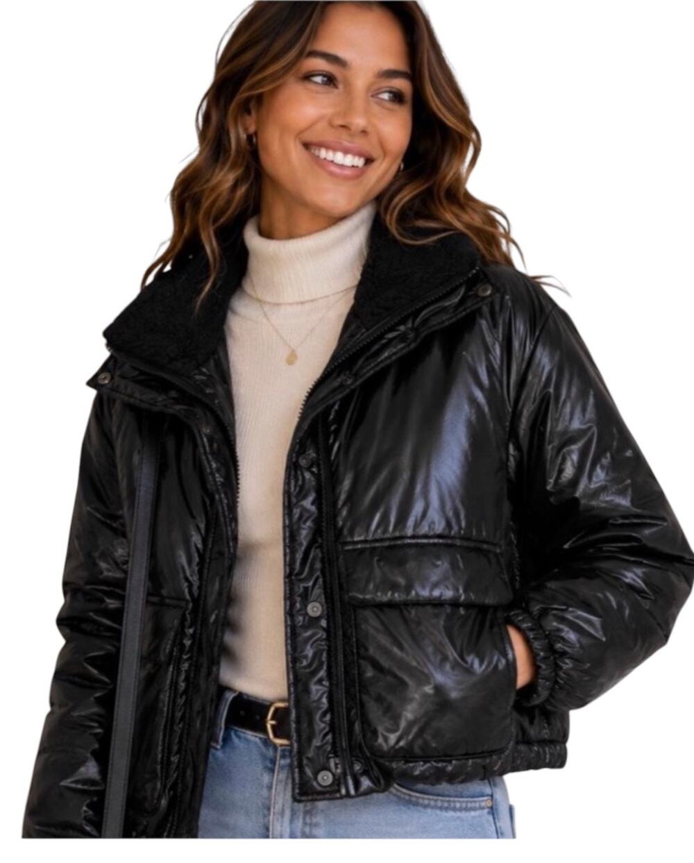 New All in Motion Women’s Black Shiny Midweight Puffer Jacket Sherpa Collar 2XL